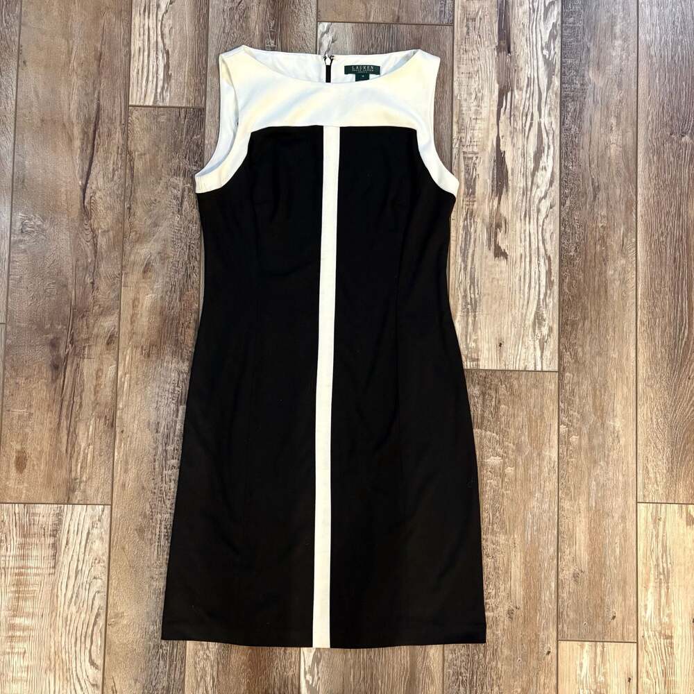 Lauren Ralph Lauren Black White Colorblock Sheath Dress Size 10 Career Classic